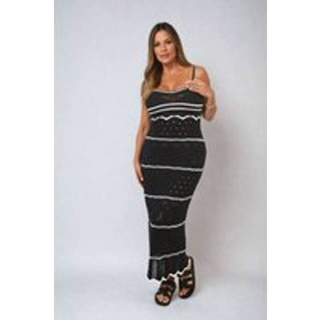 Ariana Strappy Long Knitted Stripe Cami Dress - Black - M/L