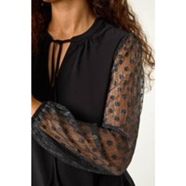 Tie Neck Plisse Sleeve Top - Black - 12