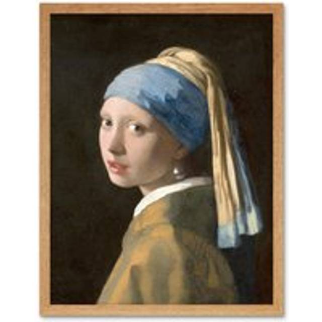 Wall Art Print Johannes Vermeer Girl With a Pearl Earring Old Master Painting Portrait Art Framed - Tan - W12 inch x H16 inch