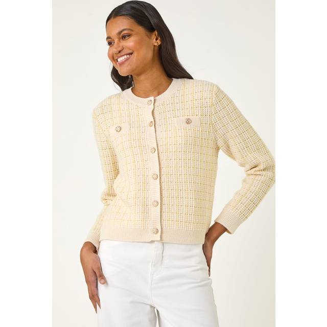 Check Textured Button Knit Cardigan - Yellow - 20