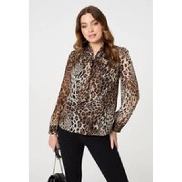 Animal Print Tie Neck Long Sleeve Blouse - Beige - 12