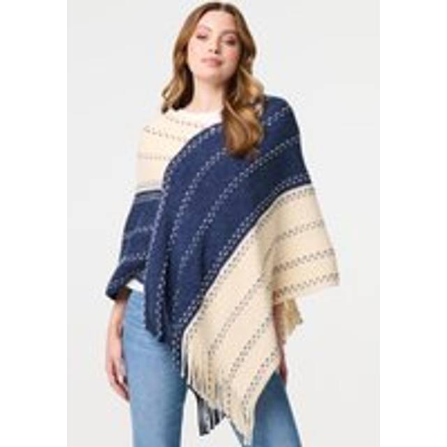 Izabel London Striped Tassel Trim Oversized Poncho In Blue - 8-10