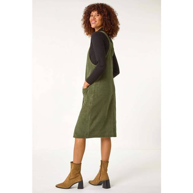 Corduroy Pinafore Midi Dress - Khaki - 20