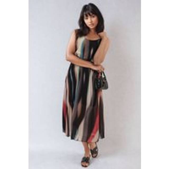 Ezra Multi Colored Print Pleated Strappy Midi Dress - Black - L/XL
