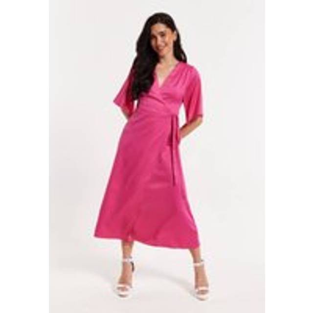 Womens Pink Satin Maxi Wrap Dress With Kimono Sleeves - 12