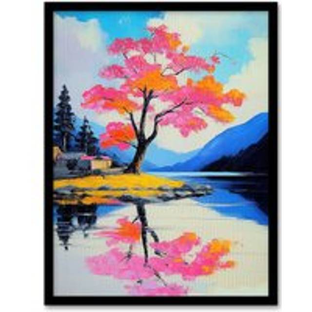 Cherry Blossom Tree by Lake Coastal Landscape Framed Art Print - Multi - W12 inch x H16 inch