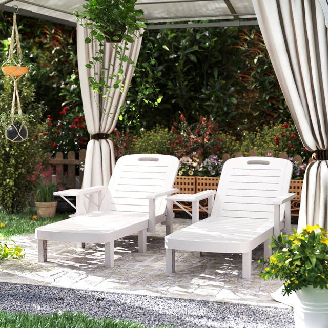Outsunny Set of 2 White Resin Sun Lounger with Side Table - 88 x 79 x 158cm