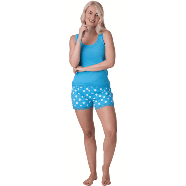 Lightweight 100% Cotton Plain Sleeveless Top Pyjama Set With Lace Detailing - Aqua - 16-18