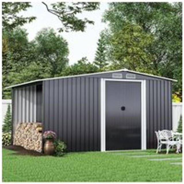 Living and Home 8x6 FT Garden Metal Storage Shed with 6.8x2.2 FT Log Store, Double Doors Lockable Weatherproof Outdoor Shed for Garden Tools in Black - One Size