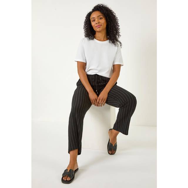 Roman Petite Black Linen Blend Stripe Trousers - Size 14