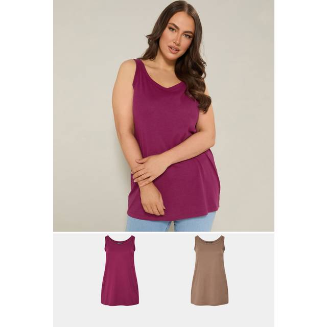 Yours 2 Pack Curve Dark Pink & Mocha Brown Core Vest Tops, Women's Curve & Plus Size, Yours - 38-40