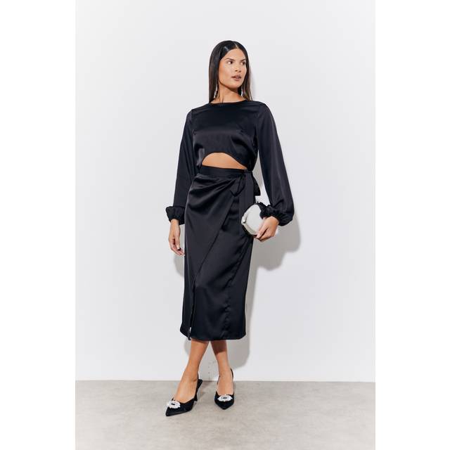 Black Satin Wrap Midi Skirt
