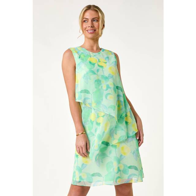 Lemon Print Layered A-Line Dress - Green - 8