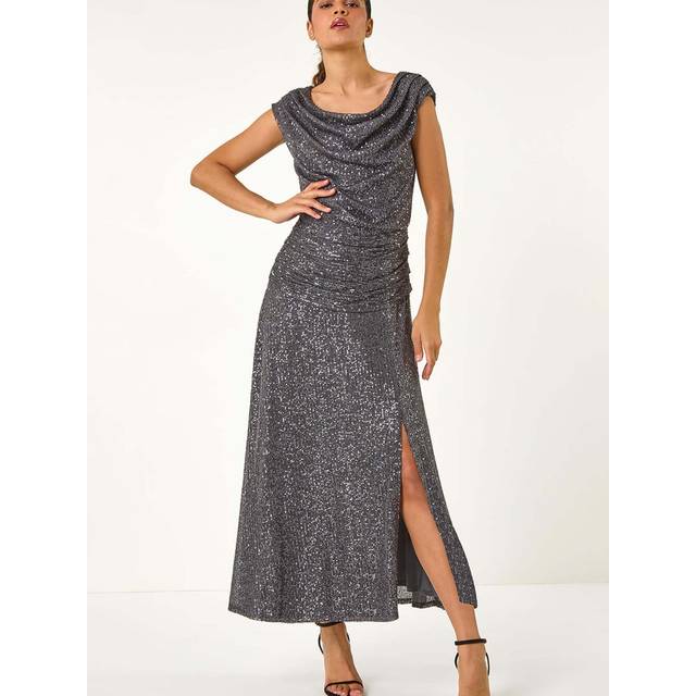 Sequin Cowl Neck Maxi Stretch Dress - Grey - 18