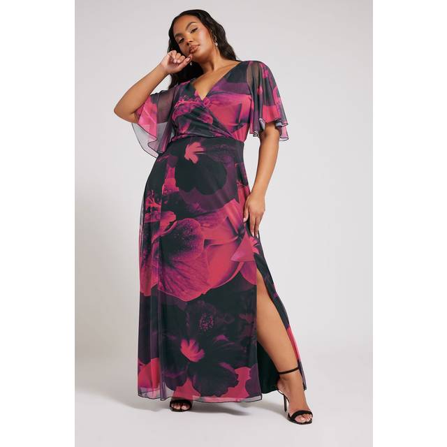 Yours London Curve Pink Floral Mesh Wrap Maxi Dress, Women's Curve & Plus Size, Yours London - 14