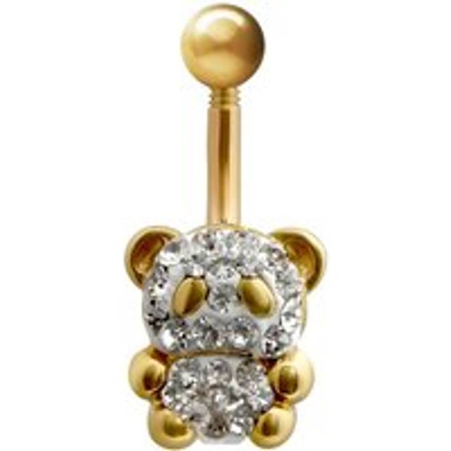 Jewelco London Ladies 9ct Yellow Gold White Round Crystal Teddy Bear Banana Belly Bar, 10mm - JBJ123