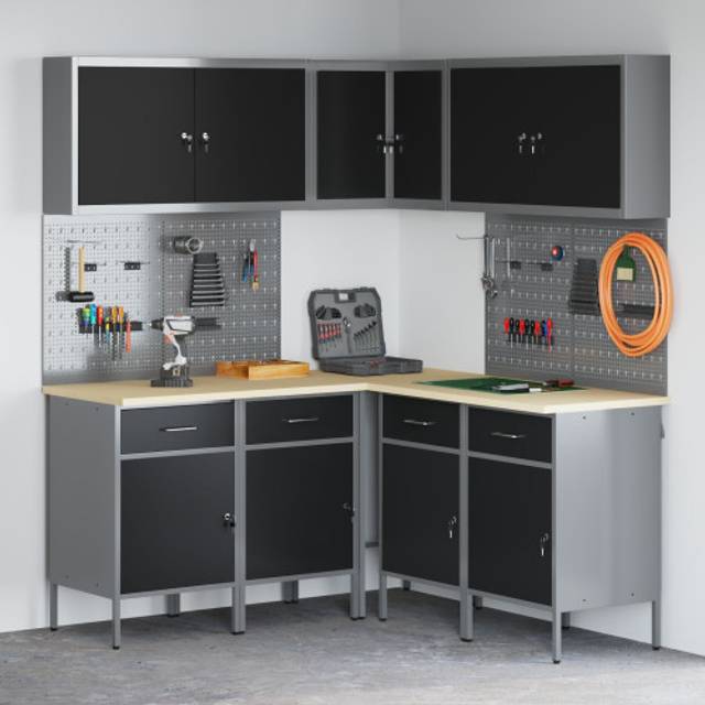 vidaXL 12-Piece Work Cabinet and Pegboard Set - Black MDF and Metal
