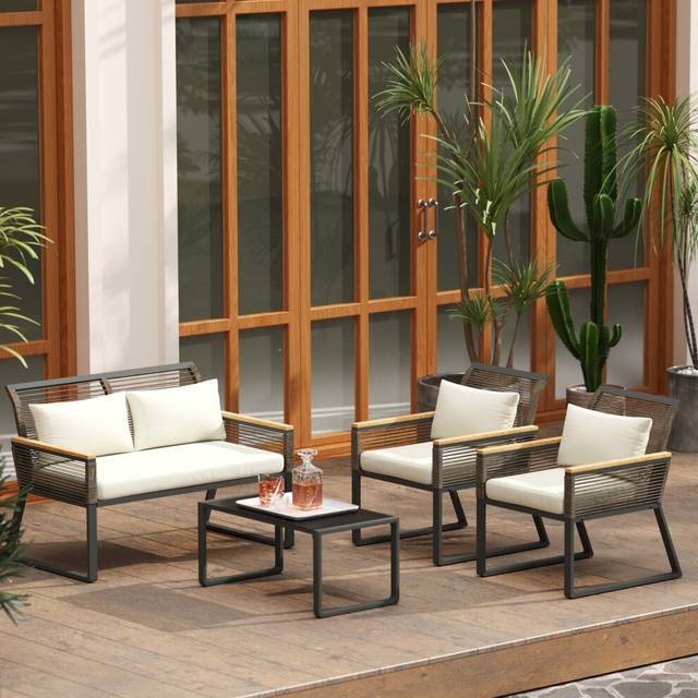 Outsunny 4 Seater Round Wicker Rope Garden Furniture Set with Cushions Grey, Grey