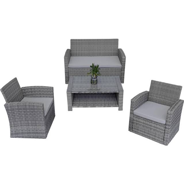4 Seater Rattan Garden Furniture Set - 2 Chairs, Loveseat Sofa, Coffee Table Outdoor Patio Set - Grey - One Size