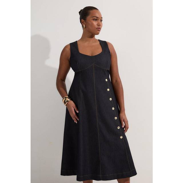 Plus Size Tailored Denim Sleeveless Full Skirted Midi Dress - Indigo