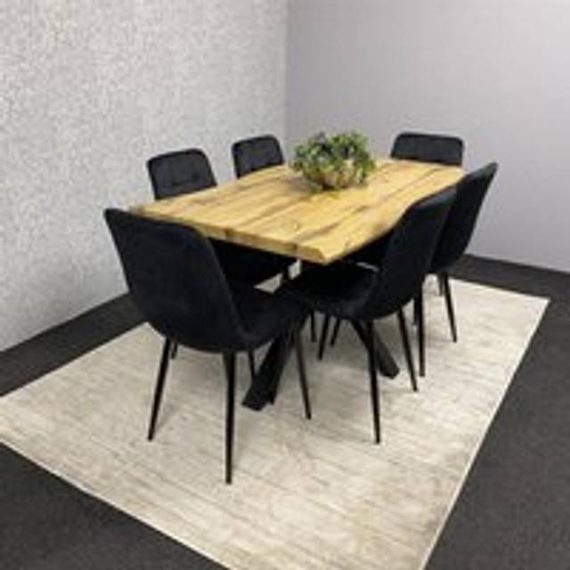 Wooden Dining Table with Bench and 2 Black Velvet Chairs