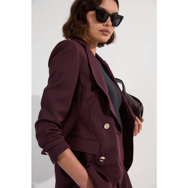 Pinstripe Double Breasted Waisted Tailored Jacket - Red