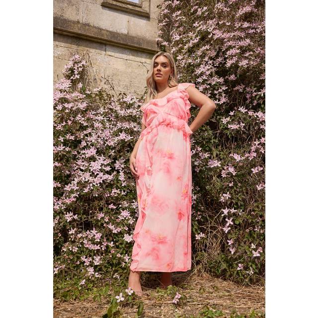 Yours Curve Pink Blurred Floral Print Ruffle Maxi Dress, Women's Curve & Plus Size, Yours - 26-28