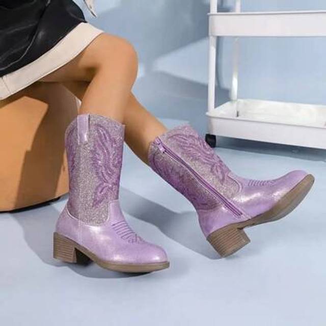 SHEIN Children&#39;s Embroidery Fashion Western Boots, Cowboy Boots, Pointed Toe Chunky Heel, Lightweight Mid-Calf, Kids Cowboy Boots