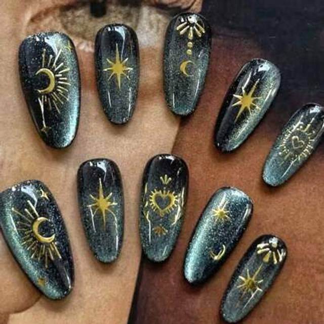 SHEIN 10pcs/Set Almond-Shaped Starry Sky, Moon & Sun Gold Foil Nail Stickers, Chic & Luxurious Oval Nail Art Decals For Fashionable Women Press On Nails