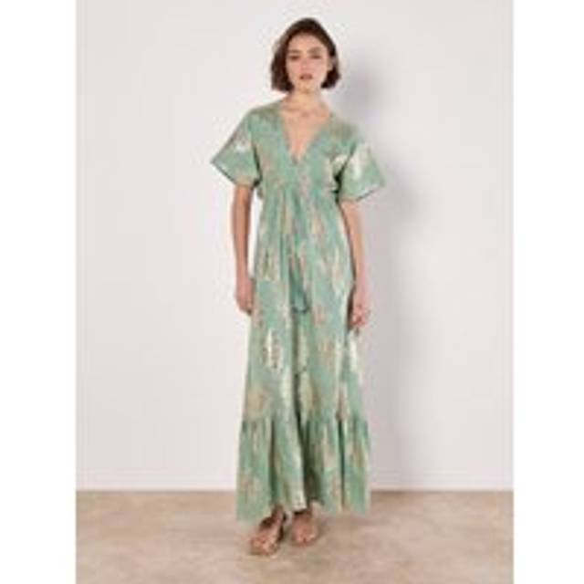 Womens Gold Foil Floral Maxi Dress - Green - 12