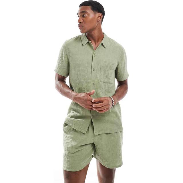 New Look Men's Light Khaki Relaxed Short Sleeve Textured Cotton Shirt - XL