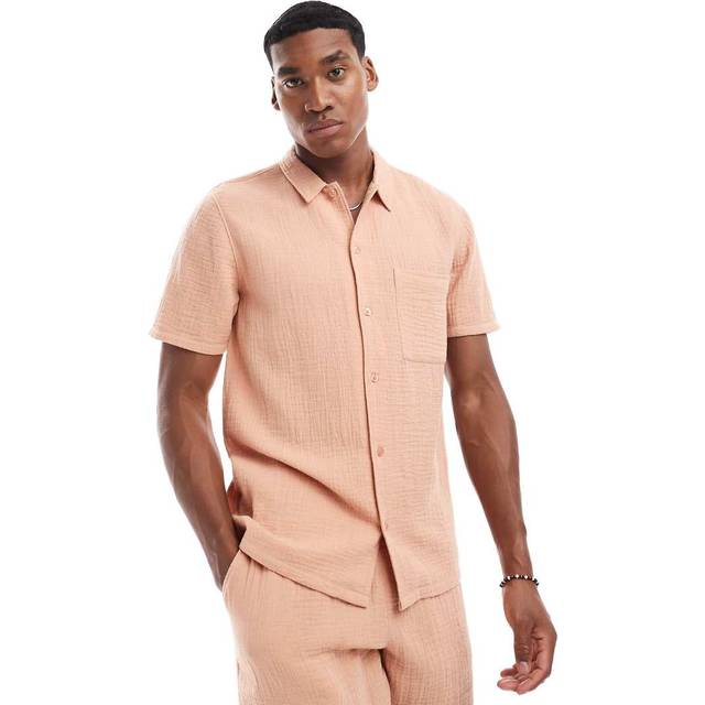 New Look Men's Light Brown Relaxed Short Sleeve Textured Cotton Shirt - L