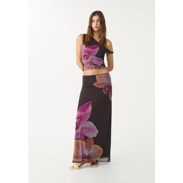 Stradivarius Printed tulle midi skirt Brown S