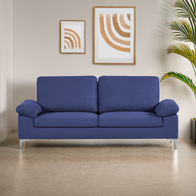 Modern Three Seater Sofa Blue Fabric with Chrome Feet - Comfortable Couch with Cushion for Living Room, Bedroom or Office