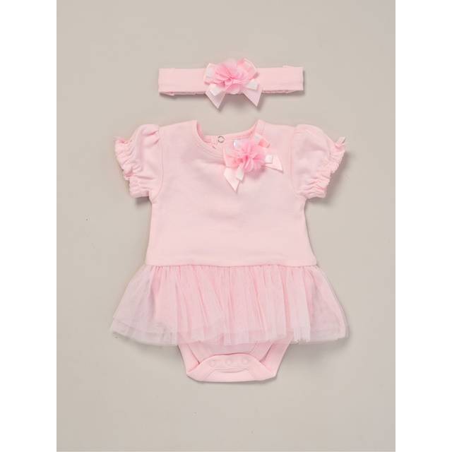 Rose Ribbon Detail All-In-One and Headband Outfit Set - Baby Pink - 3-6 m