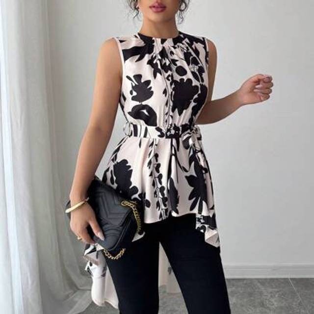 Calvaya Women&#39;s Floral Retro Print Tie-Waist Asymmetric Hem Short Sleeve Shirt,