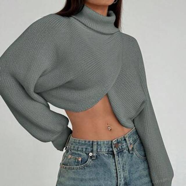 Flirla Women Casual Solid Color Turtleneck Batwing Sleeve Cropped Sweater, Autumn/Winter