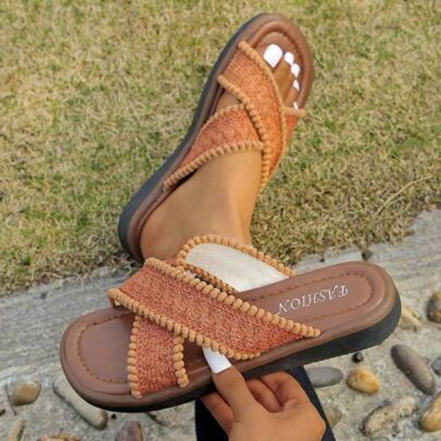 SHEIN Women&#39;s Retro Woven Criss-Cross Bohemian Flat Roman Sandals, Summer 2025 New Style
