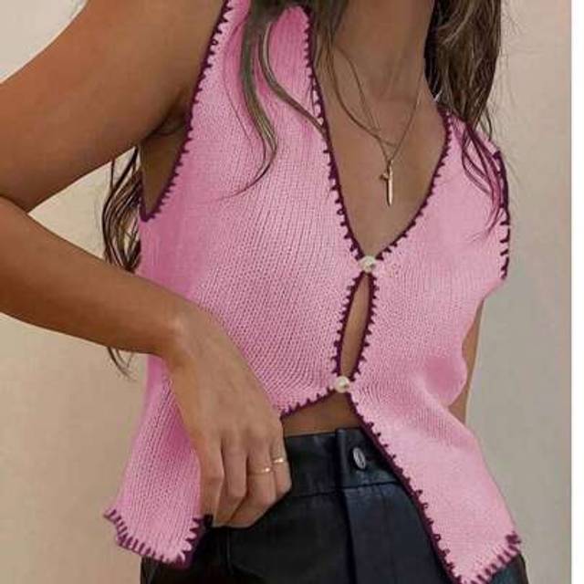 SHEIN Women&#39;s Spring/Summer Women Lightweight Cardigans Tops Casual Color Contrast Bordered Sleeveless Cardigan Open Button Knitted Vest, Y2K, Daily, Commut