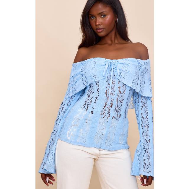 Sky Blue Fitted Lace Flared Sleeve Bardot Top, Sky Blue - 10