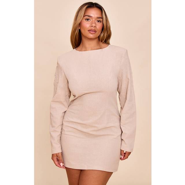 Shape Stone Linen Boat Neck Shoulder Pad Mini Dress, White - 6