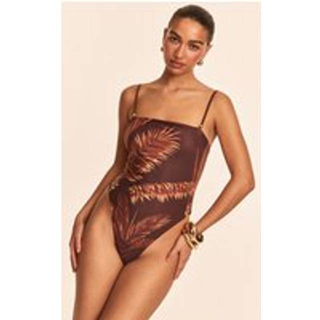 Chocolate Palm Print Strappy Swimsuit, Chocolate - 12