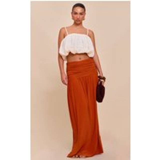 Burnt Orange Overlay Detail Double Layer Slinky Maxi Skirt, Orange - 4