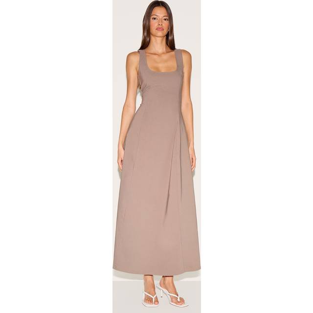Taupe Scoop Neck Sleeveless Maxi Dress, Brown - 6