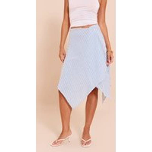 Blue Stripe Split Hem Hanky Hem Midi Skirt, Blue - 4