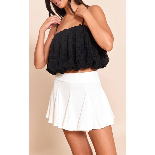 White Linen Look Pleat Detail Mini Skirt, White - 4