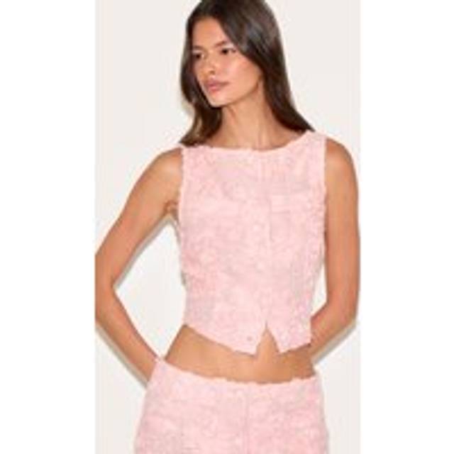 Light Pink Floral Boucle Button Up Waistcoat, Light Pink - 6