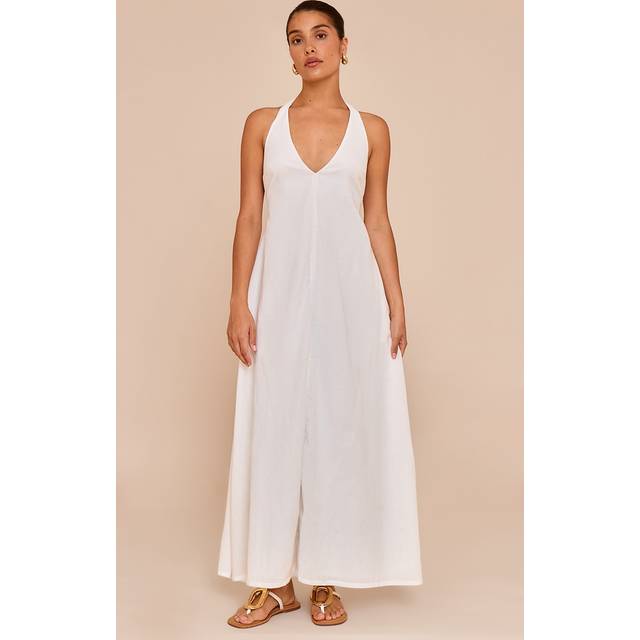 Petite White Woven Halterneck Extreme Flowy Maxi Dress, White - 4