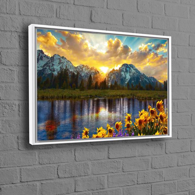 Grand Teton Park and Sunflower Sunset Printed Wall Art for a Fashionable Touch in Farmhouse Home Decor - Framed Print without Mat (60 cm H x 90 cm W)
