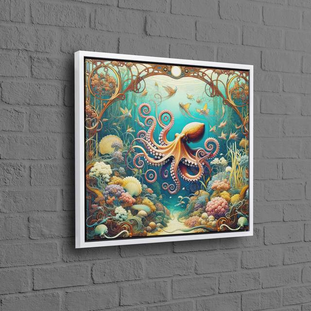 Underwater Sea Landscape With Octopus Framed Canvas Art Print For Contemporary Wall Decor - Multi-Color (150 cm H x 150 cm W)